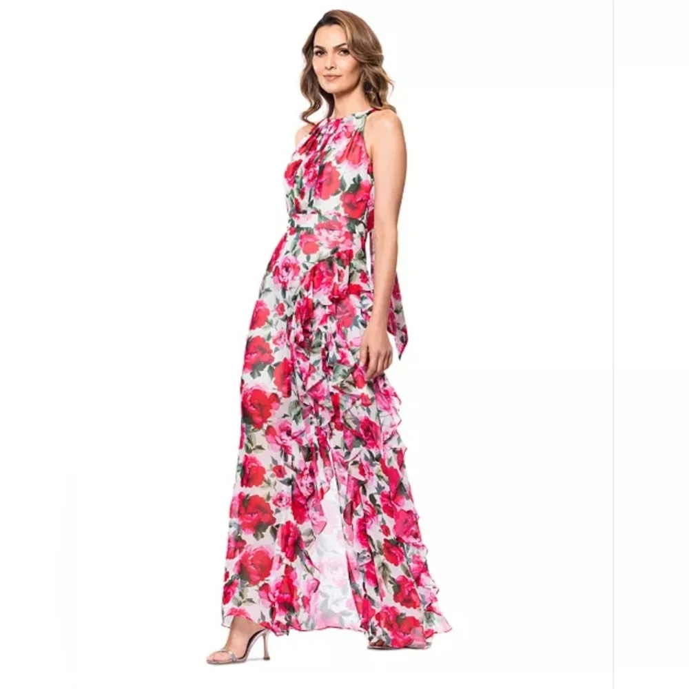 Betsy & Adam Pink and Green Floral Halter Maxi Dress - Picture 2 of 10